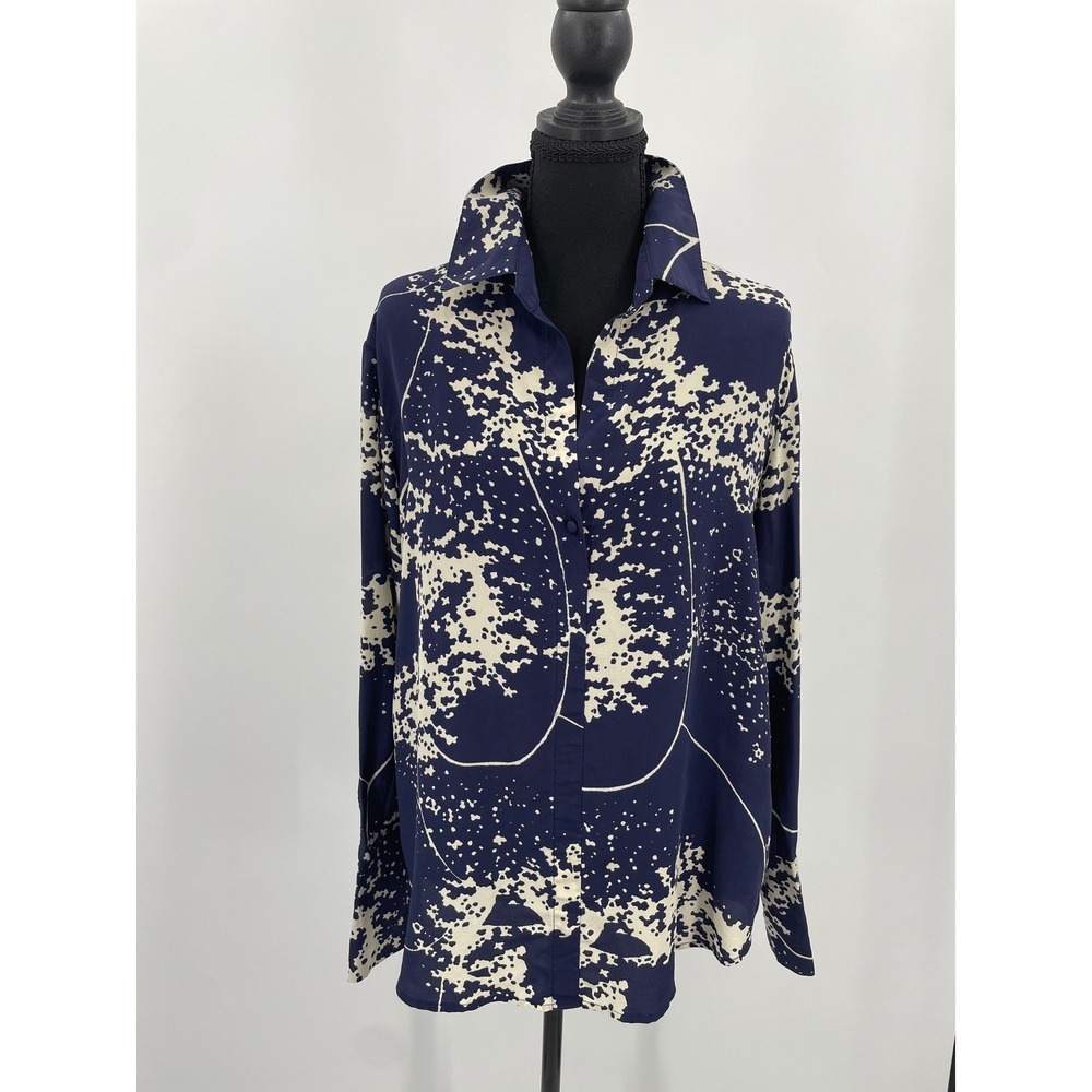Catherine Gee Blouse Women L Navy 100% Silk Abstract Button Up Quiet Luxury